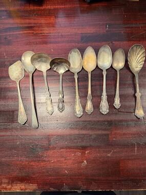 Lot of 9 Vintage Silverplate Serving Spoons - Gravy Ladle/ Sugar/ Shell Scraper